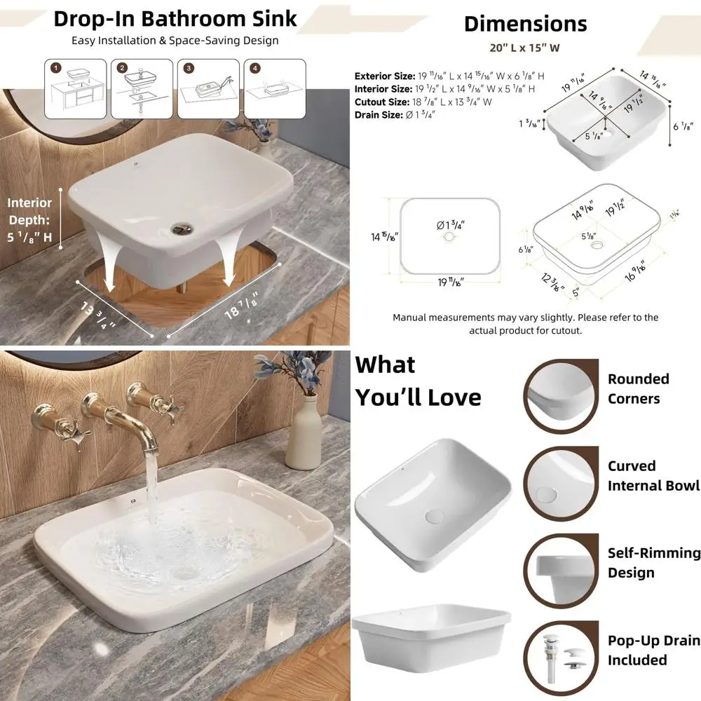 

20 Wide x 15 Deep Semi-Recessed Sink, White Ceramic Drop-In Bathroom Sink with Overflow Drain Kit, Suitable for Basin or Vanity