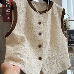 Light Luxury Small Fragrant Lace Outer Wear Round Neck Sleeveless Vest Small Vest Women Spring and Autumn Waistcoat Jacket Top