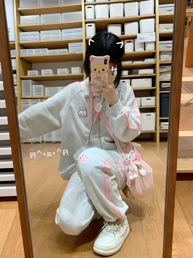 Embroidery Cat Graphic Hoodies Women Kawaii Long Sleeve Stand Collar Sweatshirt with Zipper Japan Style Cutecore Clothes