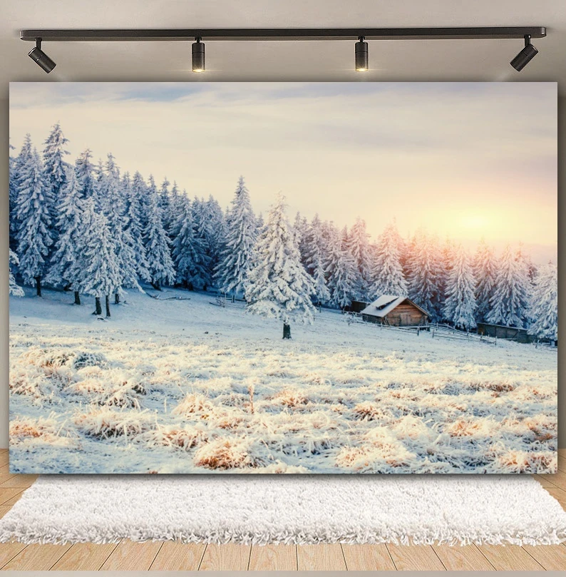 Winter Snow Scenery Photography Backdrop Mountain Nature Landscape Christmas Pine Tree Flash String Background Photo Studio Prop