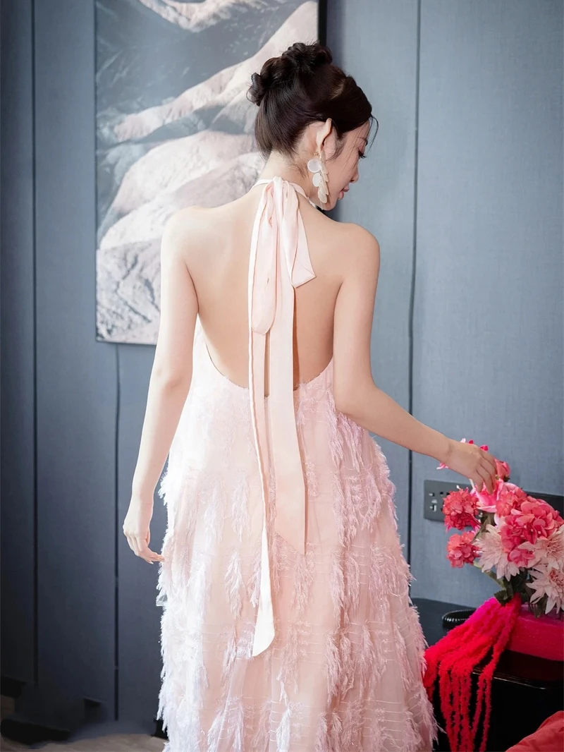 فستان أنيق وردي اللون بظهر مكشوف ورقبة معلقة، فستان مثير للعطلات، تنورة طويلة صيفية مزينة باللؤلؤ، فستان بخصر مرتفع على شكل ح...