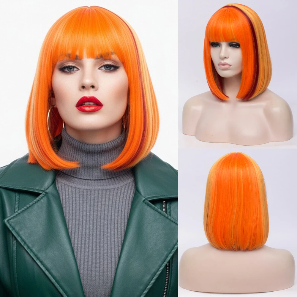 

Оранжевый короткий синтетический парик Ombre с челкой, термостойкий для женщин, повседневные покупки, вечеринки