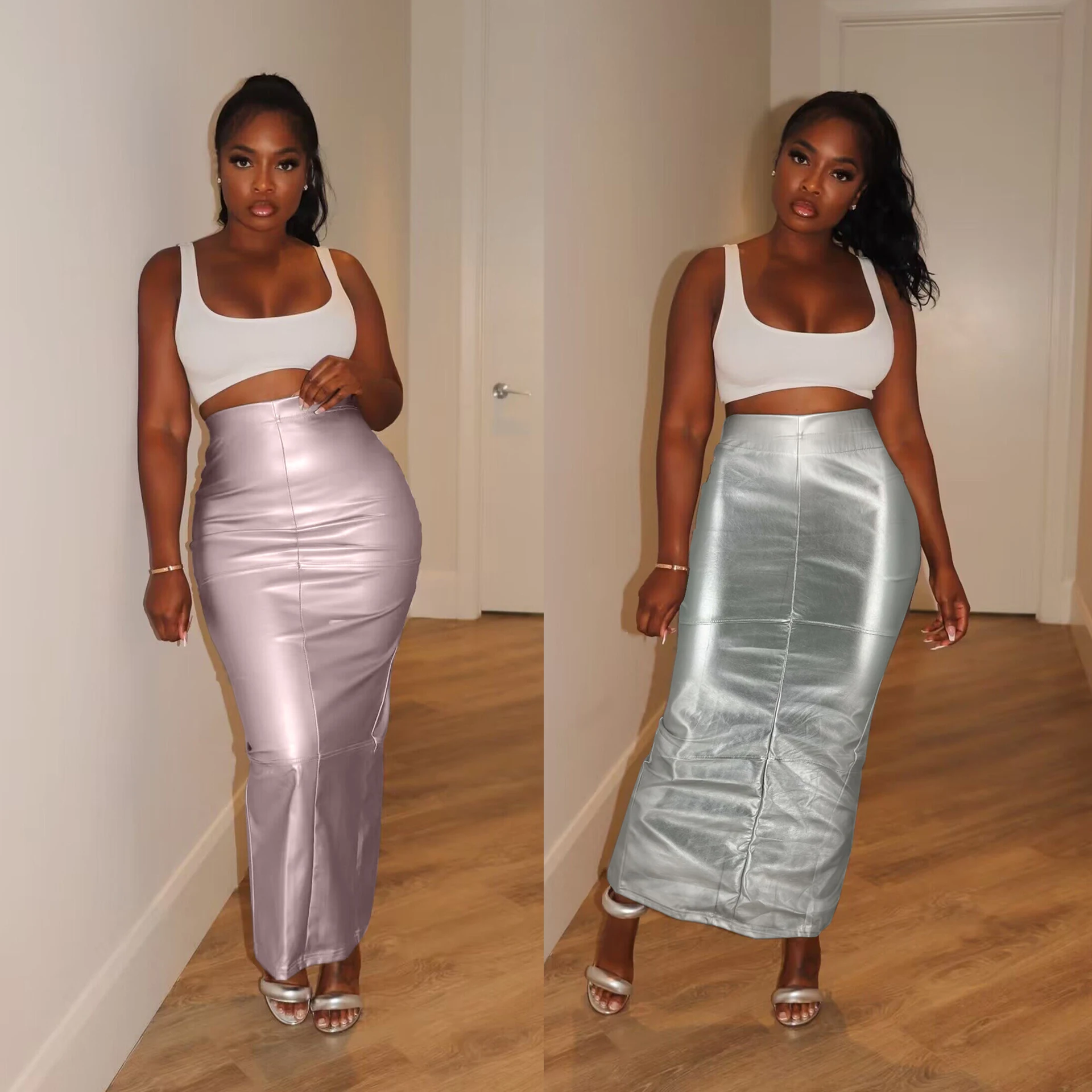 

Silver Maxi Leather Skirt Dress Cargo Y2K Streetwear Clothes 2023 Women Winter Fall Sexy High Waist Pencil Elegant Slit Skirts