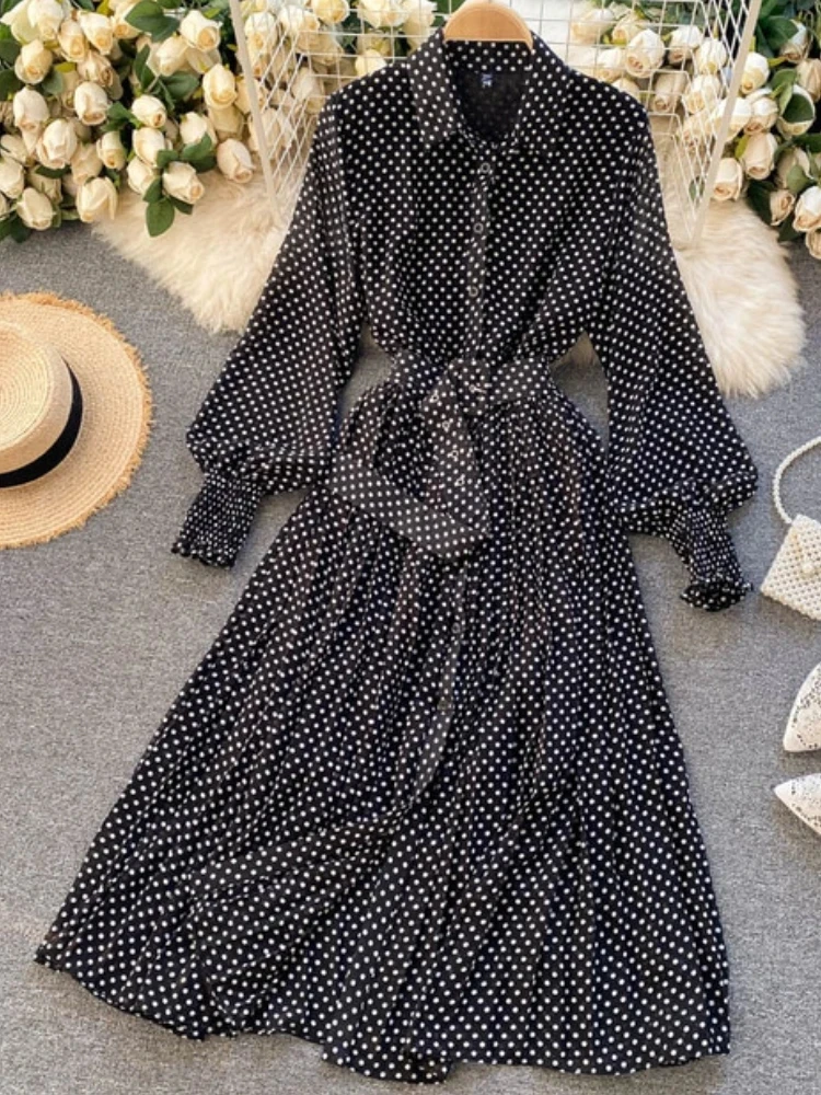 Women\'s Long Sleeve Polka Dot Pleated Dress Autumn Fashion Vintage Chiffon Casual Shirt Dresses Solid Chic Elegant Female Robe