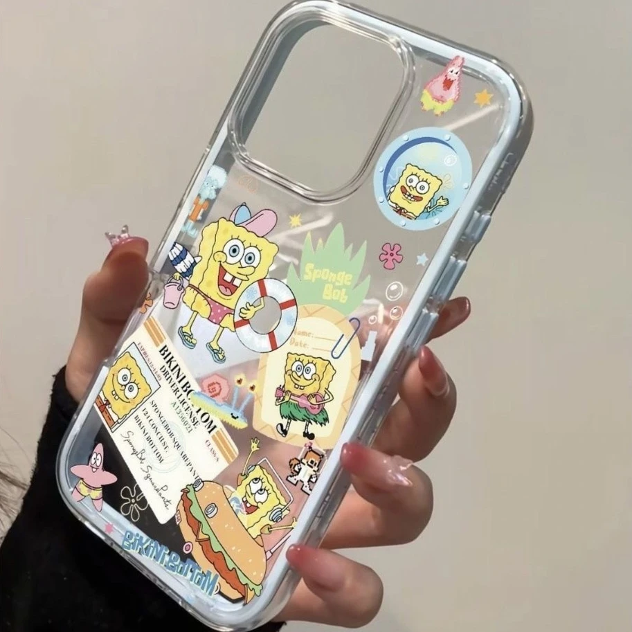 Cute SpongeBob Burger Clear Phone Case 2-in-1 Soft Cover for iPhone 17 16 Pro Max 15 14 13 Shockproof Scratch-Resistant Shell