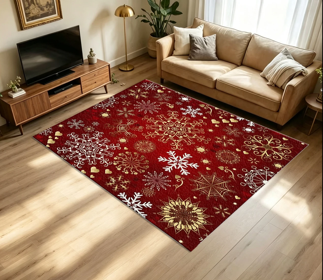 Red Gold White Snowflake Heart Christmas Carpet Non-Slip Washable Floor Rug for Holiday Living Room Bedroom Festive Home Decor