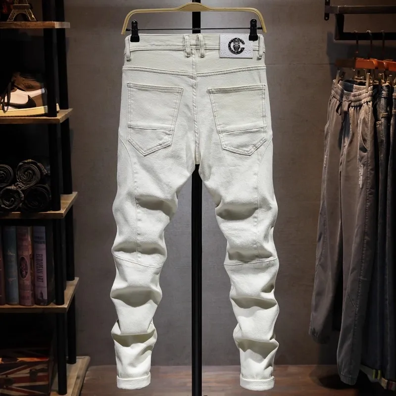 Men Jeans White Vintage Washed Denim Pants Side Decorative Zipper Pocket Splicing Panel Elastic Slim Streetwear Men Jeans hombre