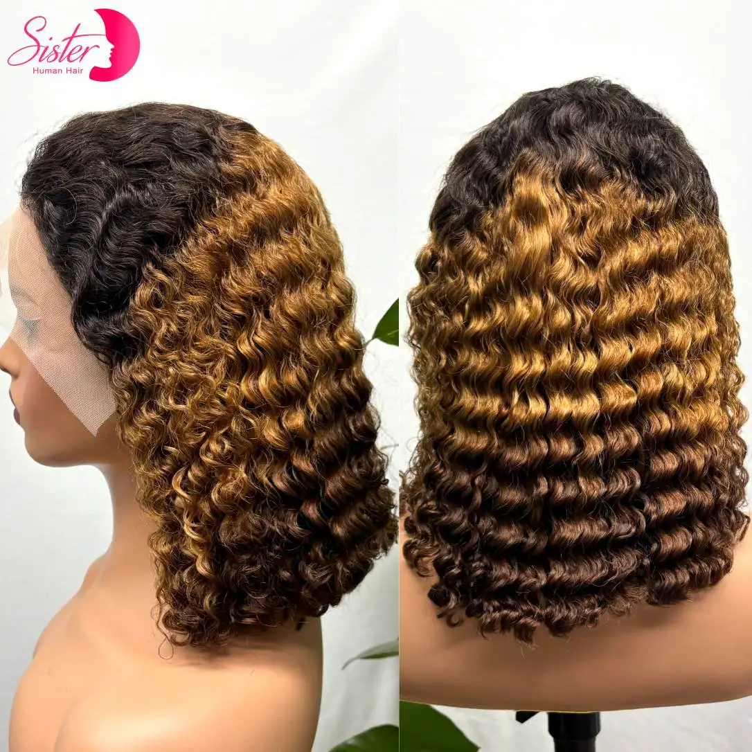 

4/30/4 Highlight Ombre Water Wave Human Hair Wigs 250% Density 13x4 Transparent Lace Frontal Short Curly Bob Wigs for Women