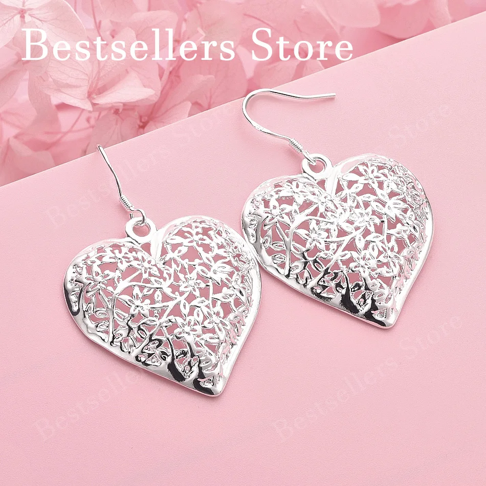 Elegant 925 Sterling Silver Delicate Heart-Shaped Openwork Earrings, Fashionable Women's Wedding Jewelry Accessories