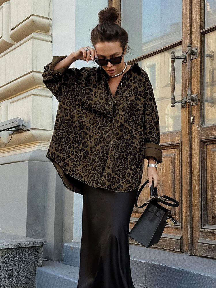 Jastie Vintage Leopard Print Oversize Coats Shirt Women Autumn Street Long Sleeve Lapel Jackets Ladies Casual Printing Outerwear