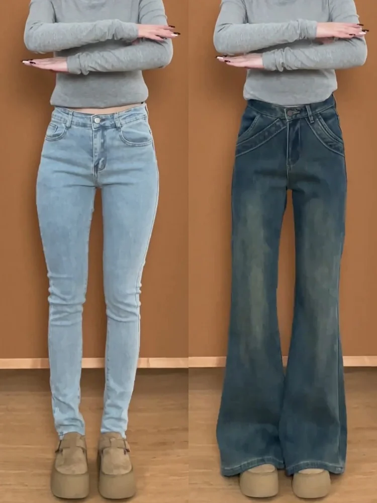 

Женские джинсы American Sle с высокой талией на подкладке, расклешенные брюки Bootcut, осень-зима, большие размеры, утягивающие бедра, длинные...