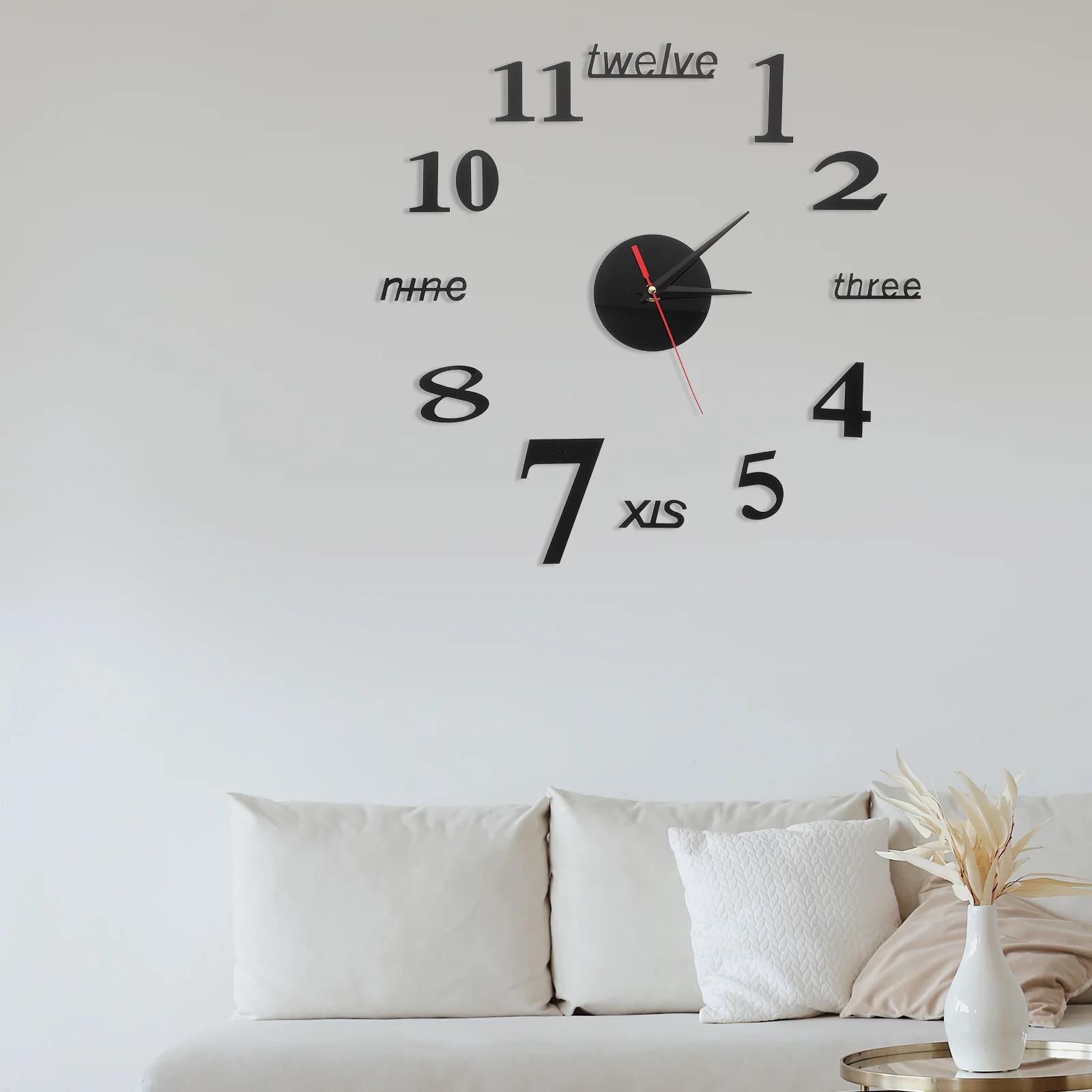 

3D Effect Mirror Surface Wall Clock Self-Adhesive Waterproof Large Frameless Modern Silent Sweeping Movement for Living Room