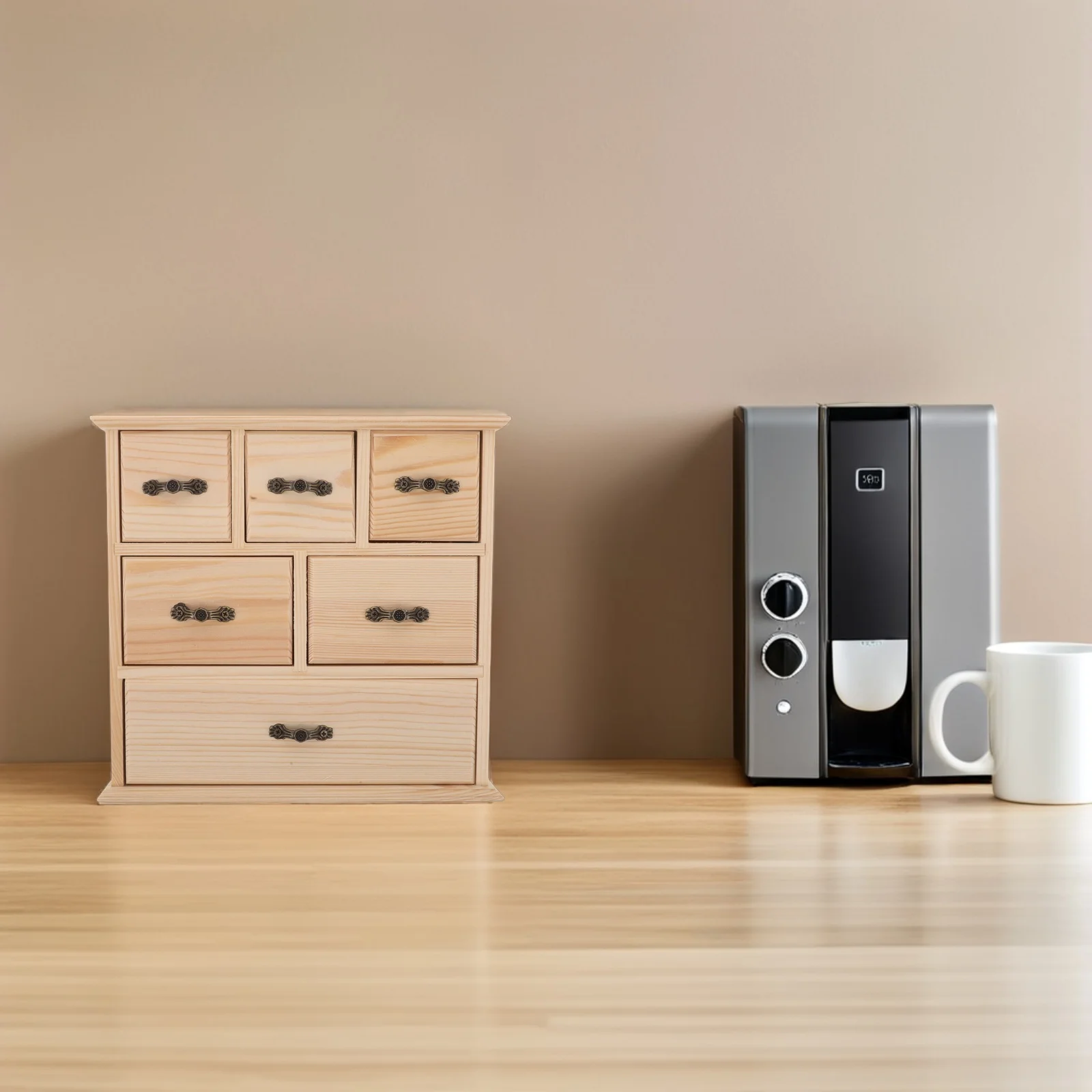 

6pcs Wooden Desktop Storage Box With 6 Drawers Natural Wood Desk Organizer For Stationery Files Office Supplies Mini Desktop