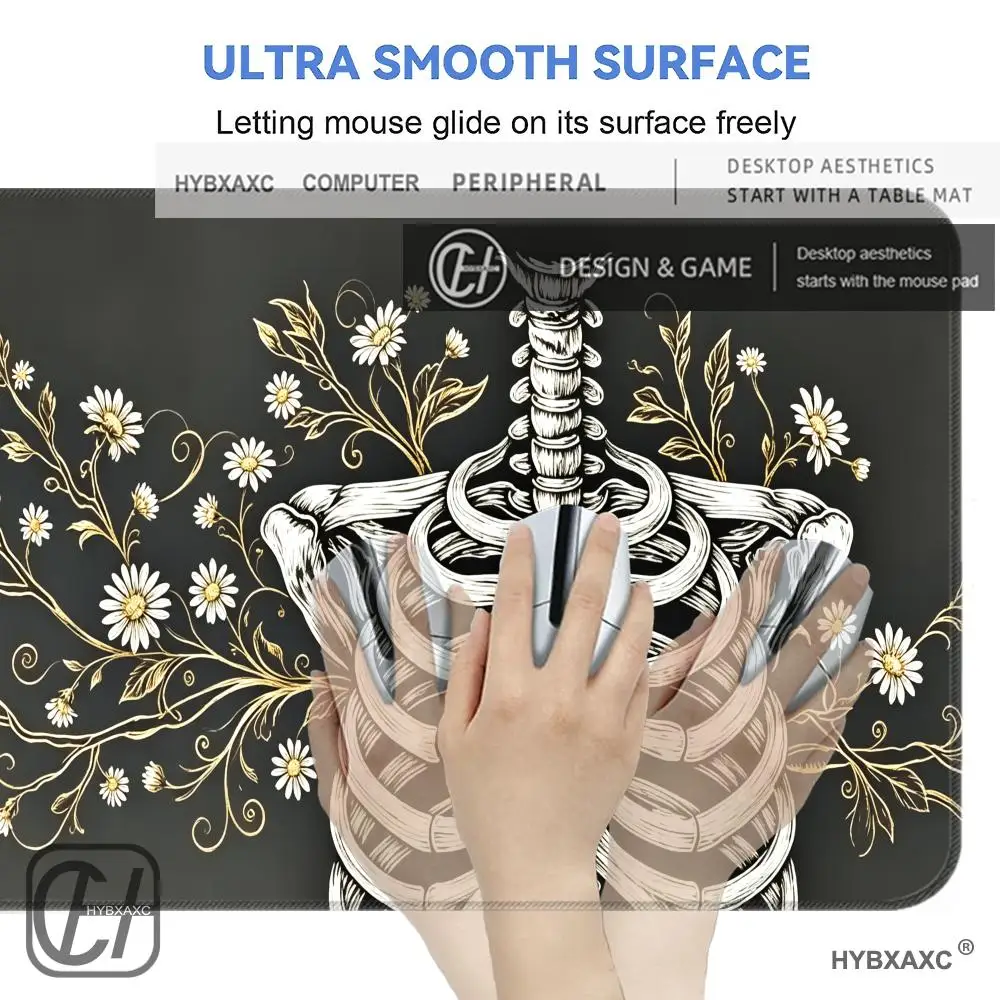 HYBXAXC Dark Skeleton Floral Print Desk Mat Non-Slip Rubber Mouse Pad for Gothic Aesthetic Large XXL Gamer Mousepad 90x40