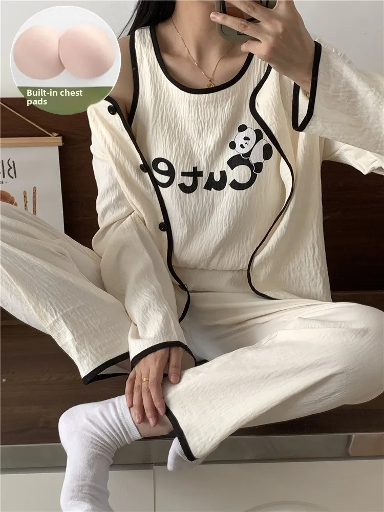 

Spring Autumn Women's Sleepwear Sweet Cloud Cotton Thin Long Sleeve Long Pants Cardigan Three-piece Set Home Clothes