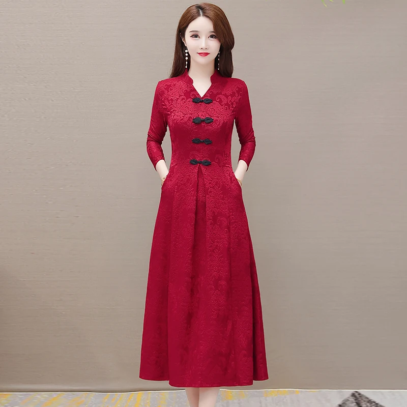 

2023 New Fashion Retro Republican Style Dress Women's Autumn Versatile V-neck Long Sleeve Loose Fit Wedding Dress Vestidos