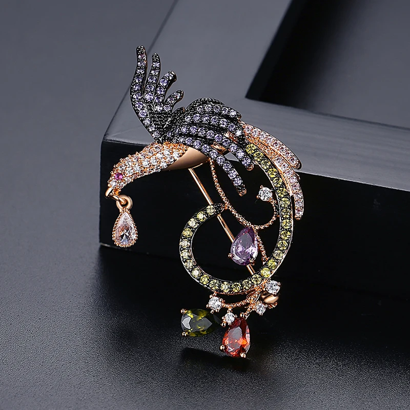 LUOTEEMI Tranditional Multi CZ Micro Pave Setting Phoenix Brooches for Women Luxury Bird Animal Shape Bridal Wedding Dress Pins