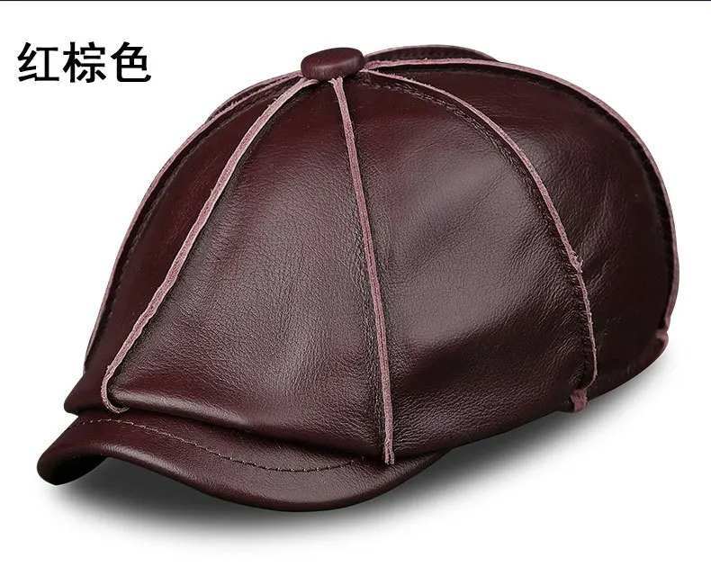 Top Grain Leather Baker Boy Cap Men Retro Vintage Distressed Panels Contrast Yellow Stitching Short Brim Gatsby Newsboy Headwear
