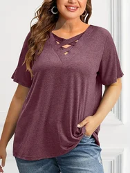 Plus Size Women's T shirt Short Sleeve Solid Cutout Casual Soft Basic Summer Tops 2025 Elegant Vintage Tee Tops for Women