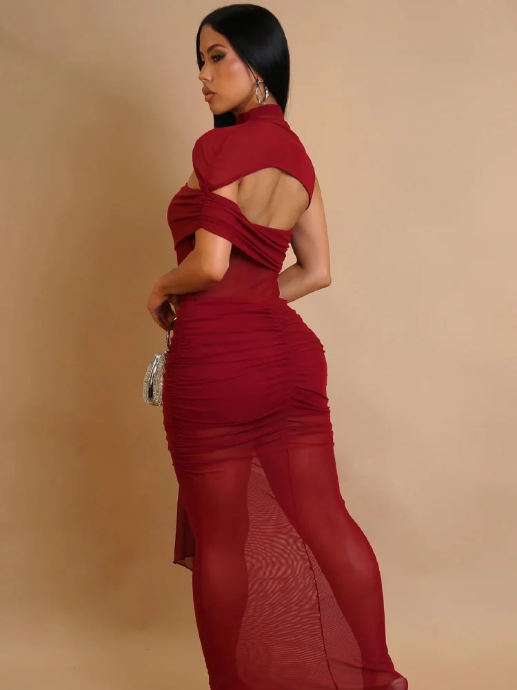 Beyprern sexy sólido um ombro oco para fora maxi vestido feminino pura malha ruched gravata cintura formal vestido de noite longo