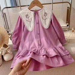 Baby Girls Dress Casual Pink Clothes Summer 2023 New Korean Cotton Linen Girls Princess Dress Big Turn Down Collar Dress