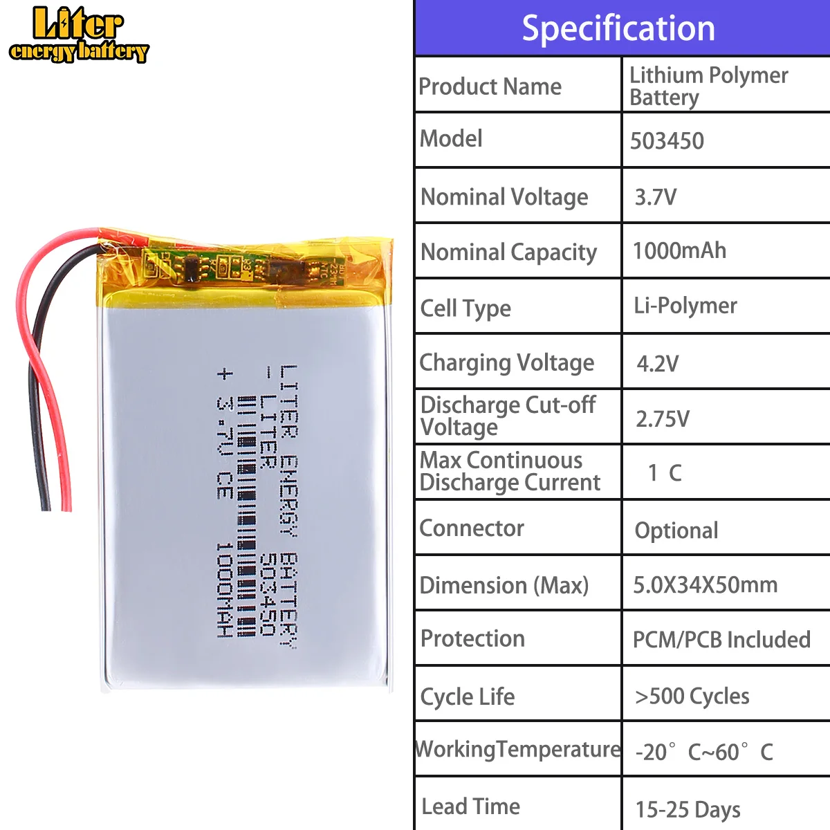 503443 800mah 503450 1000mah 503562 1200mah 503759 1300mah 503778 2000mah 3.7V Polymer Lithium Battery