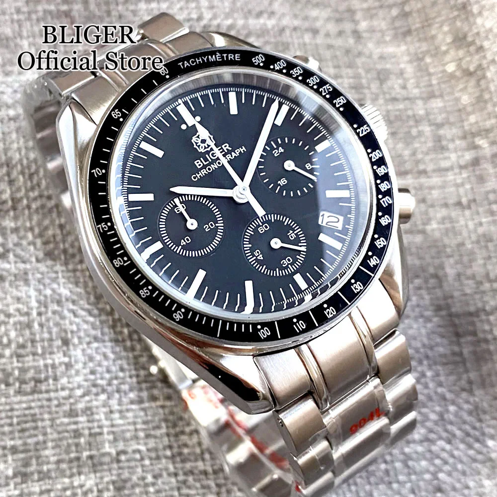 BLIGER Luxury 40mm Speed Chronograph Quartz Watch For Men VK63 Movement Black Green Dial Automatic Date Stainless Steel Bracelet