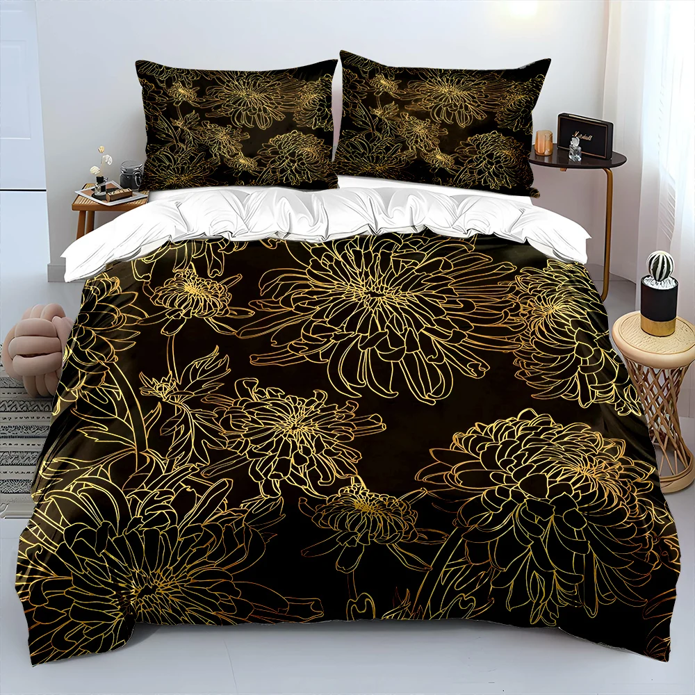Golden Chrysanthemum Outline Pattern Bedding Set for Kids Luxury Gift 3pcs Digital Print Comforter Set Soft Comfortable