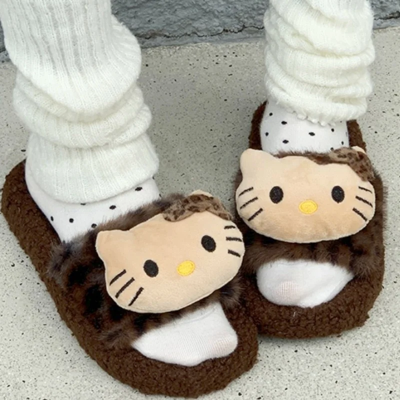 

Sanrio Hellokitty Cartoon Plush Slippers For Women Cute Kawaii Casual Fashion Indoor Outdoor Ladies Shoes Anime Gift