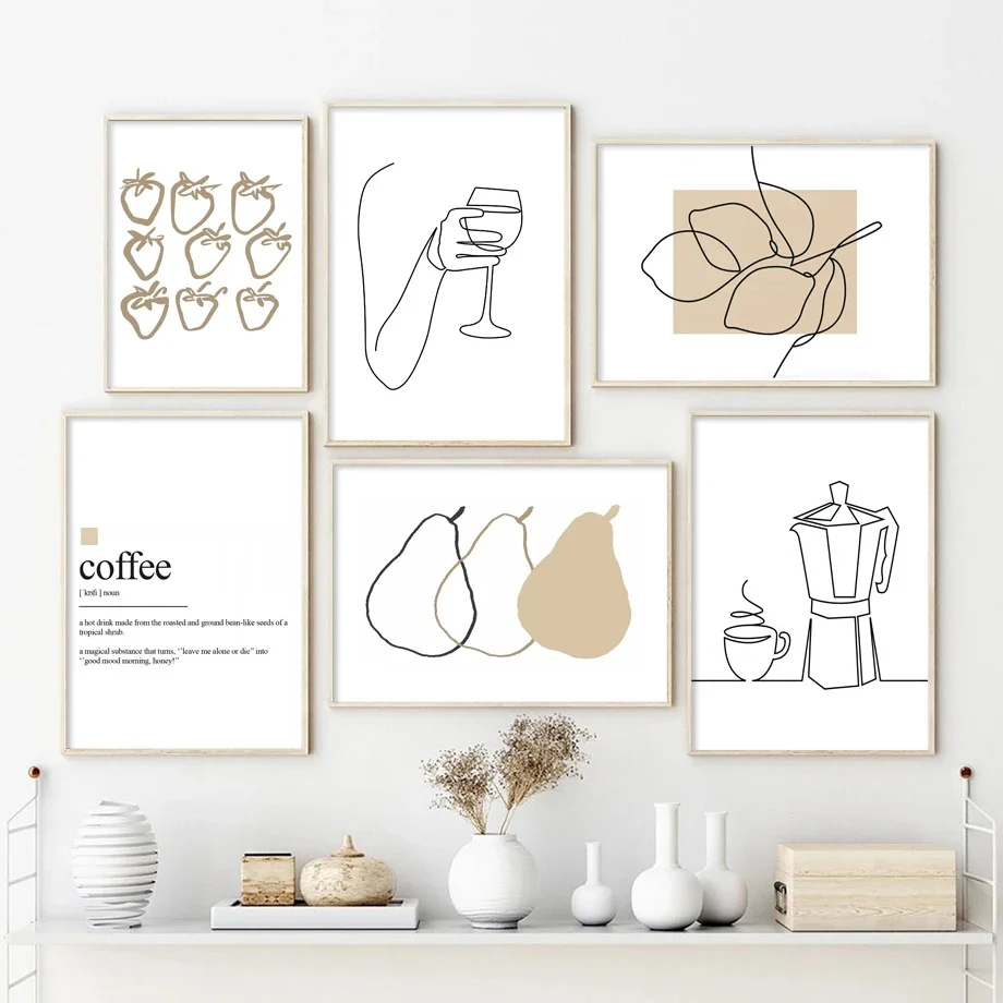 Abstract Lines Coffee Wine Glass Lemon Wall Art Canvas Painting Nordic Posters And Prints Wall Pictures For Kitchen Room Decor