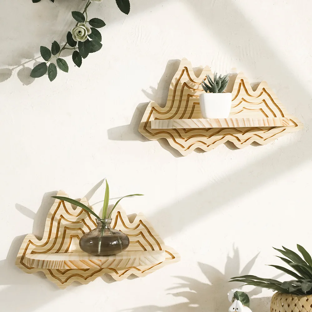 

Mountain Shaped Pine Wood Wall Shelf, Wall Mounted Plant Display Rack for Home Decor, Premium Wooden Ornament for Living Room
