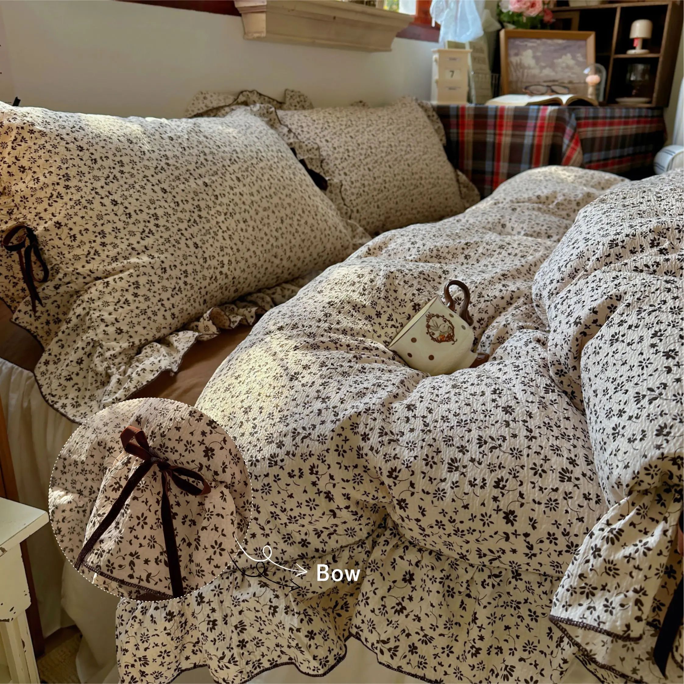 100% Washed Cotton Duvet Cover Set 3 Pieces, Vintage Floral Ruffled Duvet Cover with 2 Pillowcases, Soft Breathable Cottagecore Bedding Set for Bedroom, No Comforter