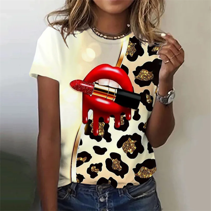 Vintage sexy Lippen Muster T-Shirt für Frauen Leopard 3d gedruckt T-Shirts Sommer lässig Mode O-Ausschnitt kurze Ärmel lose T-Shirts