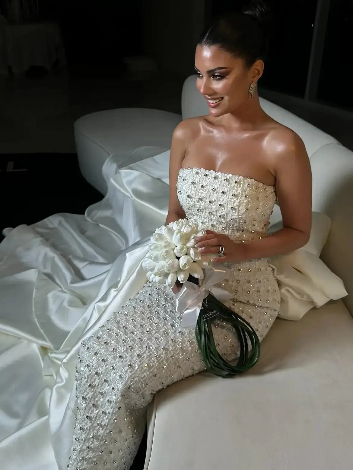 LumiGown 2026 White Beaded Sequin Strapless Mermaid Wedding Gown Satin Train Luxury Bridal Formal Wedding Party Dress women