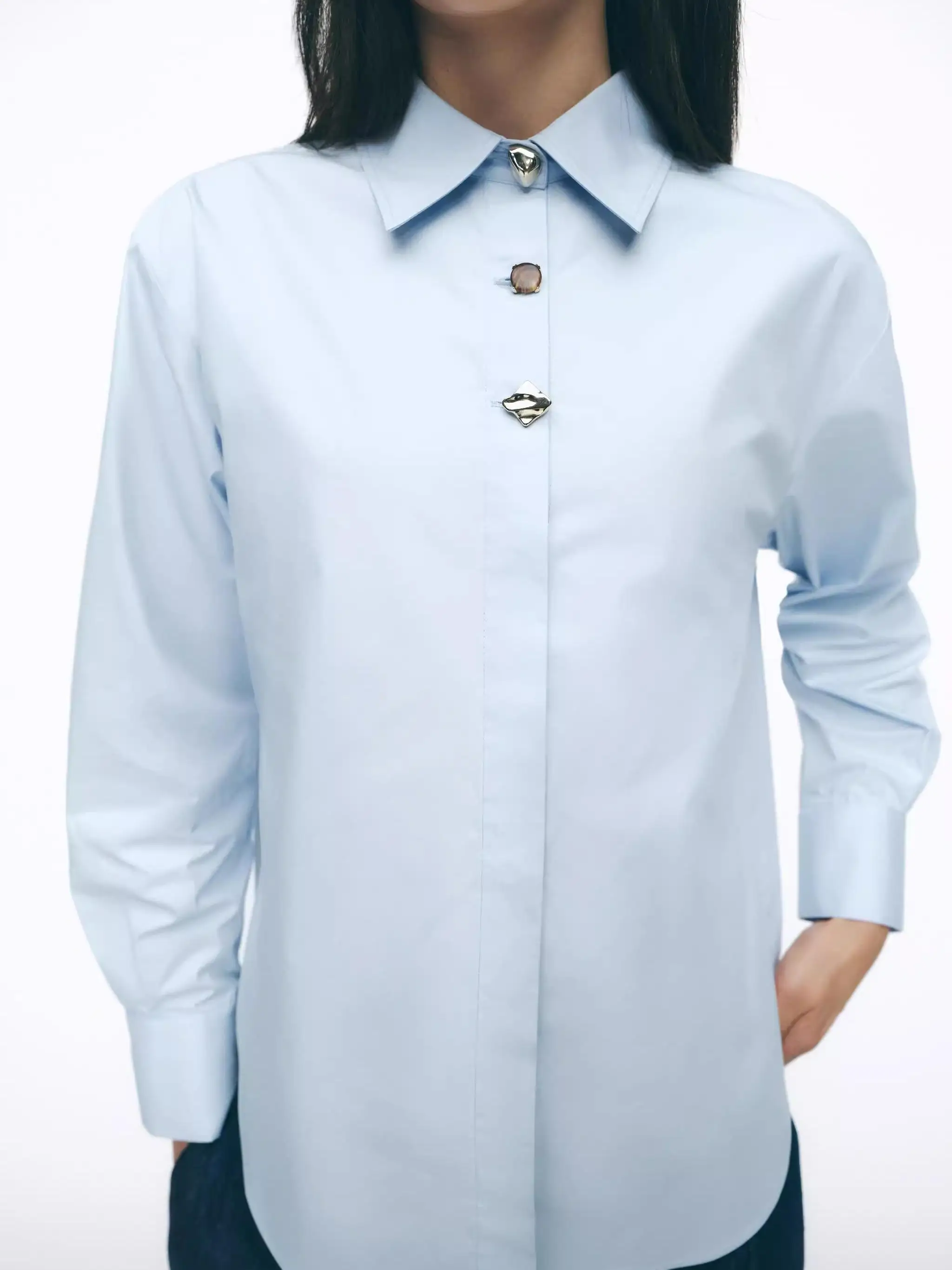 

Spring Summer 2025 New Arrival Simple Long Sve irt Women's Commute Patchwork Button Decorated Silk irt Casual Loose Fi...