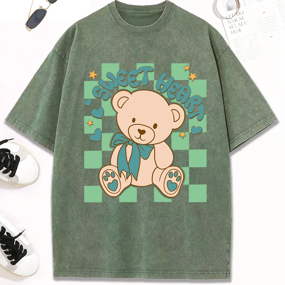 

Sweet Bear Cartoon Bow Prints Washed Women T-Shirt Casual Loose T Shirt Crewneck Summer Short Sleeve Hip Hop Cotton Clothes