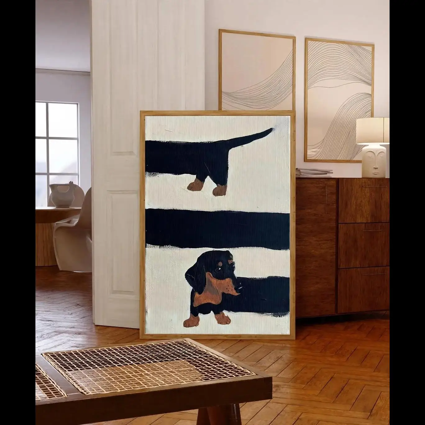 Playful MidCentury Dog Wall Art  Textured Impasto Print of Curious Dachshunds Blending Clean Geometric Lines with Warm Earth Ton