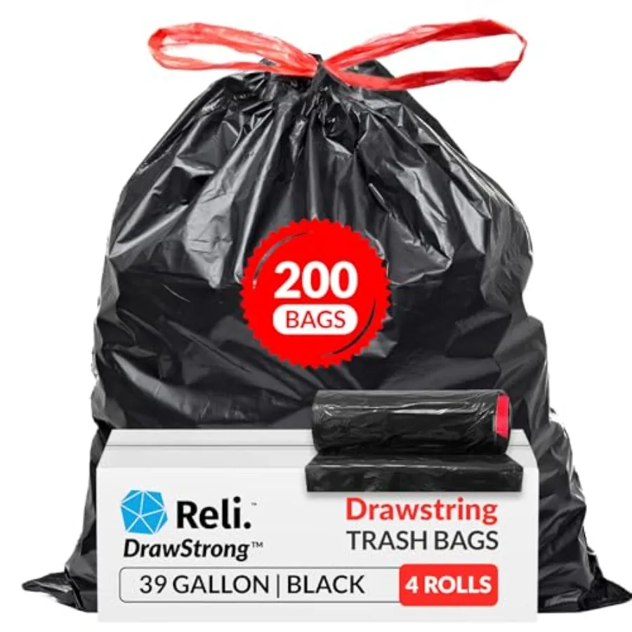 

39 Gallon Trash Bags Drawstring 200 Count Bulk Large 39 Gallon Heavy Duty Drawstring Trash Bags - Black Garbage 39Gal Capacity