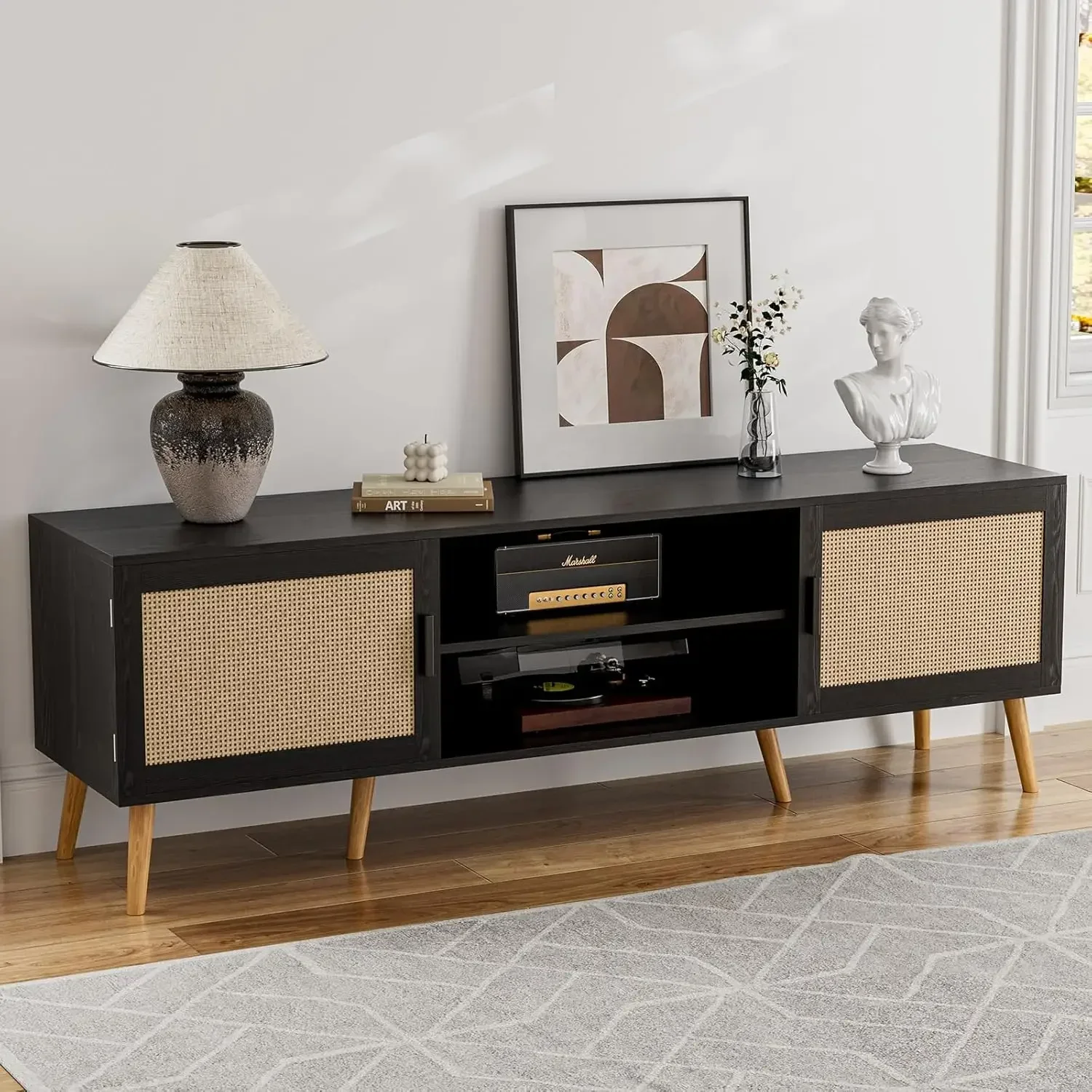 TV Stand for TVs up to 65'', Shelves & 2 Cabinets, Boho Media TV Console for Living Room, Bedroom, Black