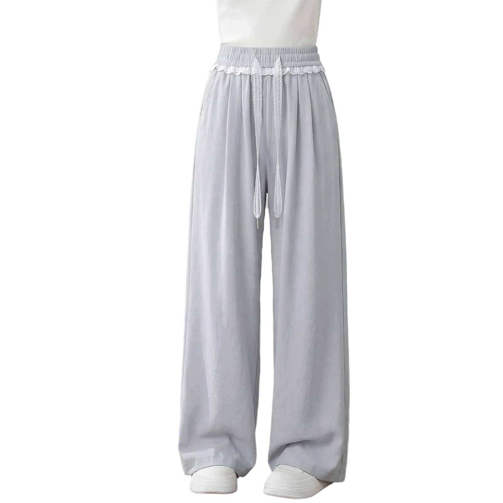 Kids Girls Fashion Lace Trim Wide-leg Pants Drawstring Elastic Waist Trousers with Pockets for Casual Daily Life Park Picnic