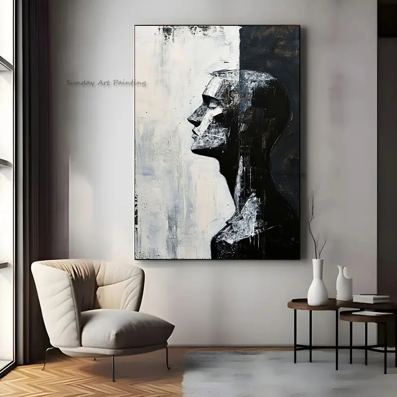 Black And White Abstract Men Portrait Canvas Oil Painting Abstract New Design Handpainted Pure Black People Face Wall Art Decor