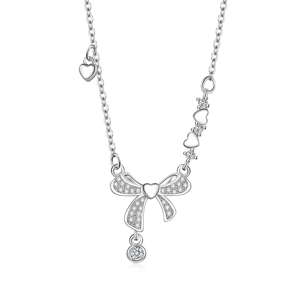 

Ожерелье из стерлингового серебра 925 пробы со свежим и милым бантом в форме сердца и циркона, подарок на день рождения, годовщину, свадьбу