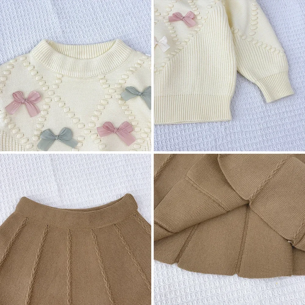 Round Neck Long Sleeved Sweater+A-line Skirt Set Korean Version College Style Girls Clothes Winter Cute Bow Tie Sets