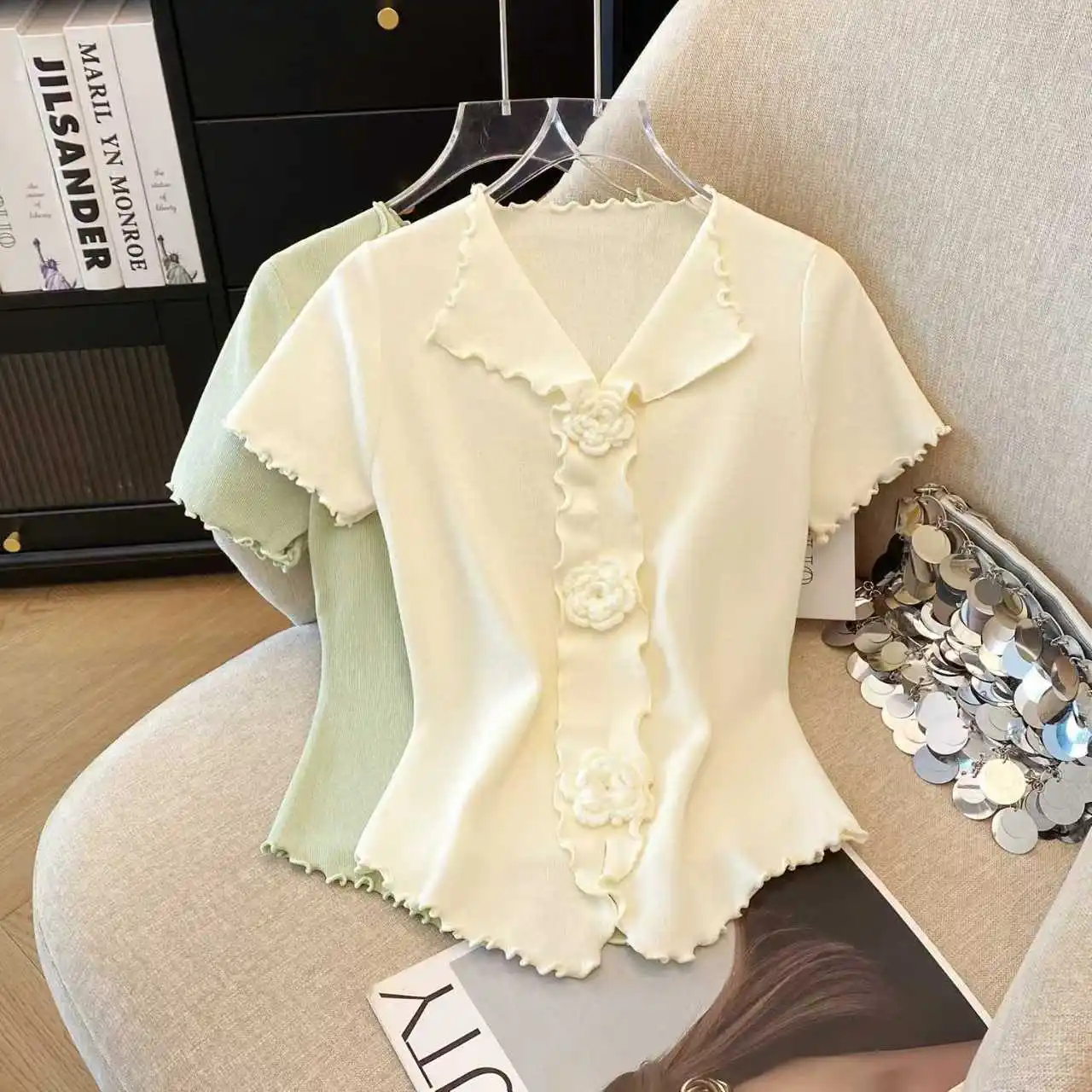 new 3D Floral Knitted Slim Women Tshirt Short Sleeve Knitwear V-neck Tops Casual Cropped Sweater Top Korean Elegant Summer 2027