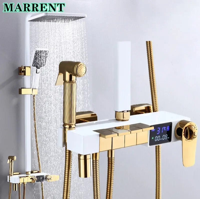 Piano Digital Shower Set Hot Cold White Gold Bathroom Mixer Faucet Rain Shower Head Copper Bath Bidet Thermostatic Shower System