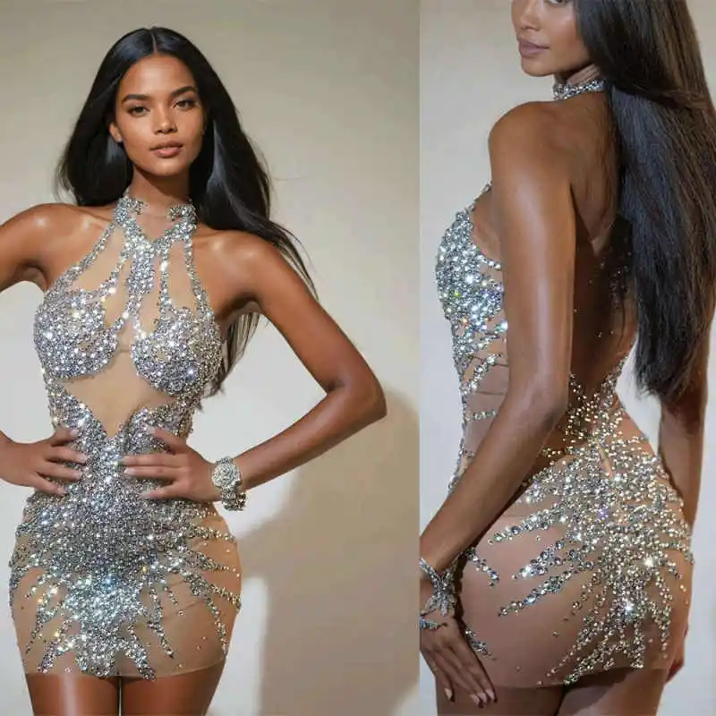 

Retro High Neck Beaded Prom Dress Customized Crystal Dubai Mini Party Gowns Africa Sleeveless Rhinestones Formal Evening Dresses