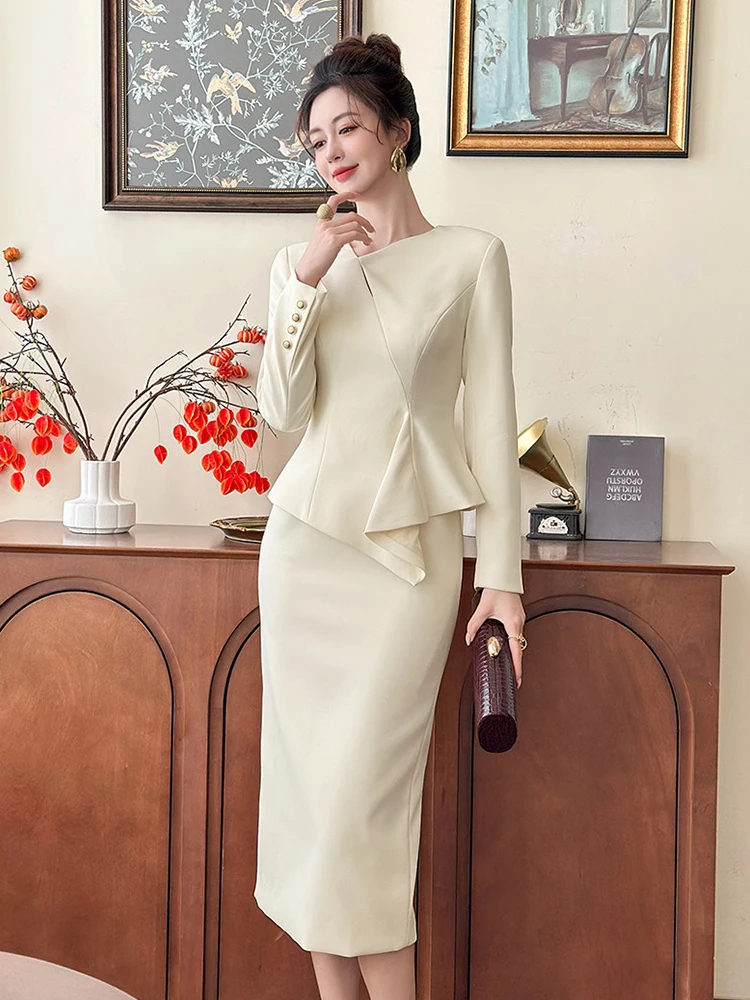 Donne d'affari falso 2 pezzi semplice abito solido manica lunga sottile midi abito a tubino elegante ufficio formale lavoro abiti da donna vestido