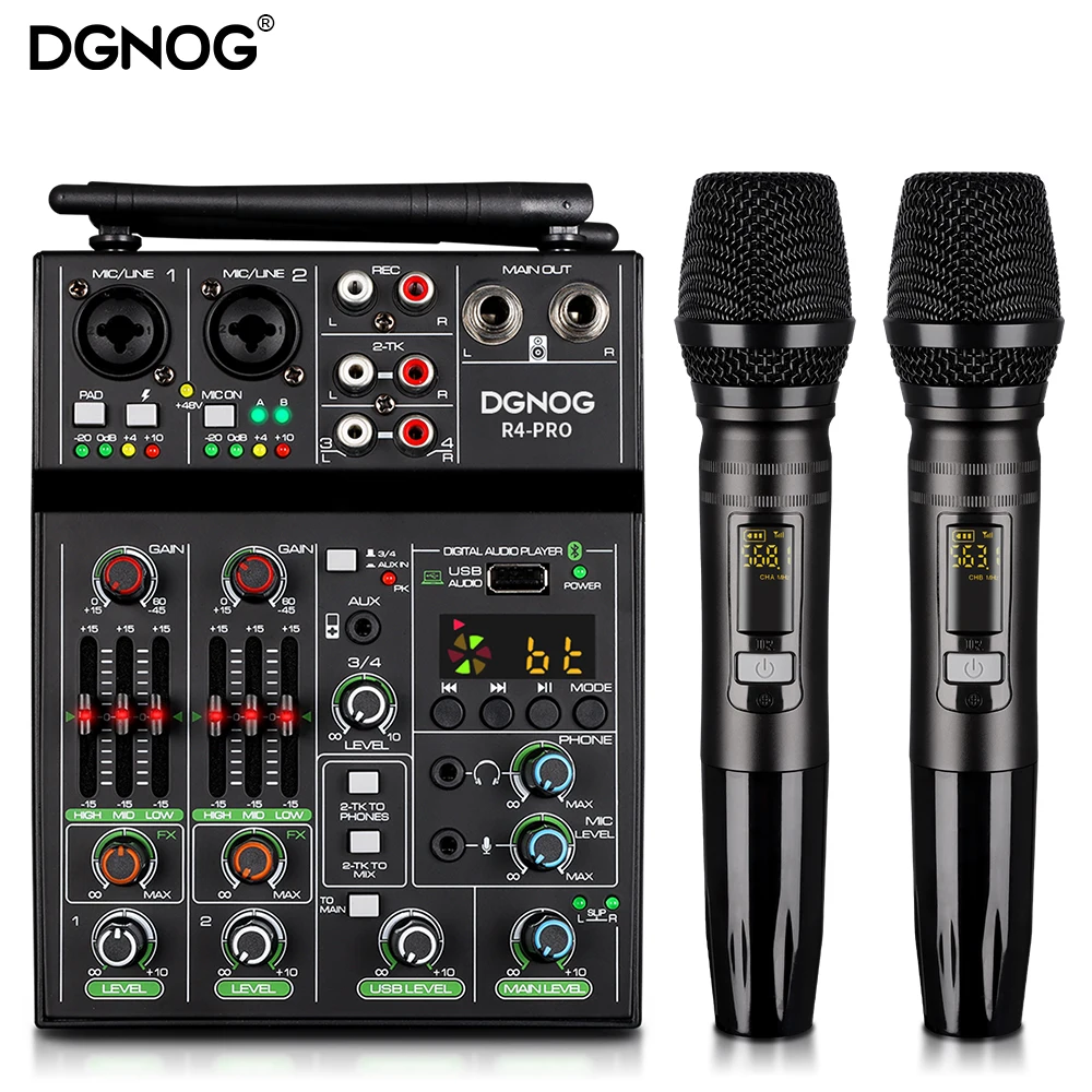 DGNOG 4 Channel Audio Mixer USB Mixer Bluetooth Console with Wireless Microphone DJ Mixer for Party Karaoke Machine Sound Bar