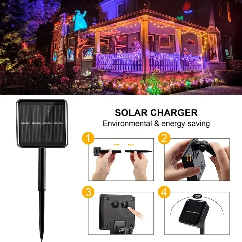 1pc Solar Orange & Purple Halloween Lights, 39.37ft 120 LED, Purple Solar Halloween Lights 8 Modes, Outdoor Twinkle Fairy Lights