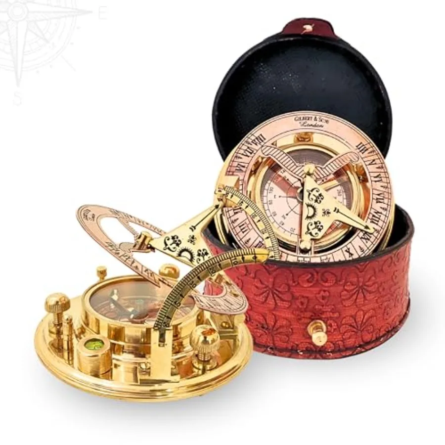 Antique Brass and Copper Sundial Compass, Sundial Clock in Box Gift Sun Clock Ship Replica Watch, Nautical Gifts for Men, Uniqu
